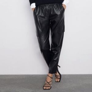 Zara Black Faux Leather Drawstring Jogger‎ Cargo High Waist Pants
